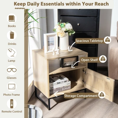 Costway 2PCS Nightstand W/ Cabinet Wooden Side End Table Rattan Decorated Door Oak 4 Costway 2PCS Nightstand W/ Cabinet Wooden Side End Table Rattan Decorated Door Oak - Image 4