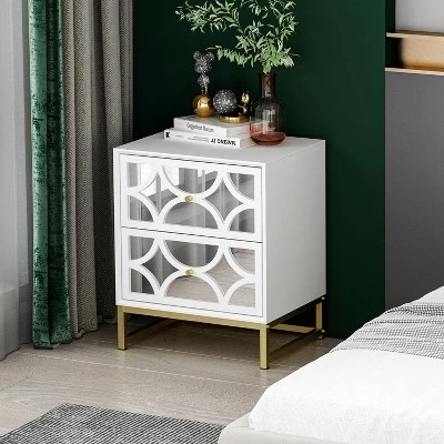 Averina 2 Drawers 45° Splicing White Mirror Front Nightstand With Storage - The Pop Maison 1 Averina 2 Drawers 45° Splicing White Mirror Front Nightstand With Storage - The Pop Maison