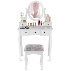 Costway Makeup Desk Vanity Dressing Table Oval Stool 5 Storage Drawers -DreamNest Store GUEST 30113868 d116 489d 969b 934a93030f50