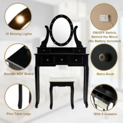 Costway Vanity Set Makeup Dressing Table W/5 Drawers 12 LED Bulb Black 16 Costway Vanity Set Makeup Dressing Table W/5 Drawers 12 LED Bulb Black -DreamNest Store GUEST 304f9a5c b1ba 4175 9247 2bf4b1aade89