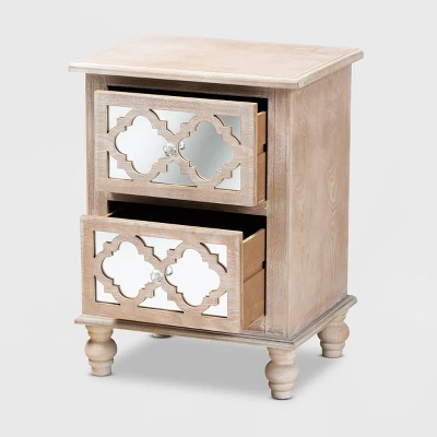 Celia Wood And Mirror 2 Drawer Quatrefoil Nightstand Natural - Baxton Studio 1 Celia Wood And Mirror 2 Drawer Quatrefoil Nightstand Natural - Baxton Studio