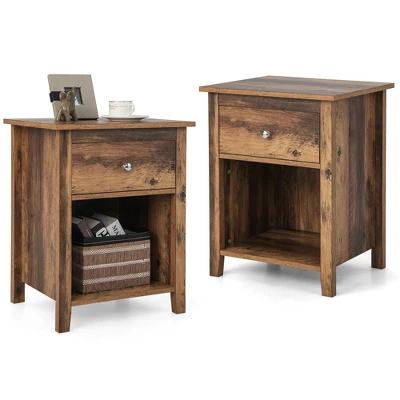 Costway 2 PCS Nightstand Side Table With Drawer Open Shelf For Living Room Bedroom Walnut/Brown 11 Costway 2 PCS Nightstand Side Table With Drawer Open Shelf For Living Room Bedroom Walnut/Brown - Image 11