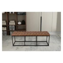 52.25" Draper Large Decorative Bench With Button Tufting Light Brown Faux Leather - HomePop -DreamNest Store GUEST 32e07a8e 4f73 4c65 8c3b 1cabba23621f