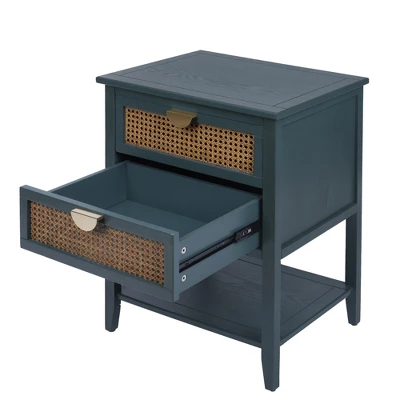 Archie 28.35"H X 15.75"D X 22.05"W Ash Wood Veneer 2 Drawer With Naturel Rattan And Pine Legs Nightstand With Storage - The Pop Maison 4 Archie 28.35"H X 15.75"D X 22.05"W Ash Wood Veneer 2 Drawer With Naturel Rattan And Pine Legs Nightstand With Storage - The Pop Maison - Image 4