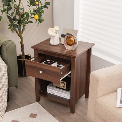 Costway Nightstand Bedside Table With Drawer & Open Shelf For Living Room Bedroom Walnut/Brown 1 Costway Nightstand Bedside Table With Drawer & Open Shelf For Living Room Bedroom Walnut/Brown