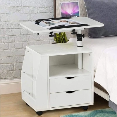 EROMMY 360 Degree Swivel Top Adjustable Height Bedside Nightstand End Table With Storage Drawers, Shelves, Lockable Wheels, & Computer Baffle, White 3 EROMMY 360 Degree Swivel Top Adjustable Height Bedside Nightstand End Table With Storage Drawers, Shelves, Lockable Wheels, & Computer Baffle, White - Image 3