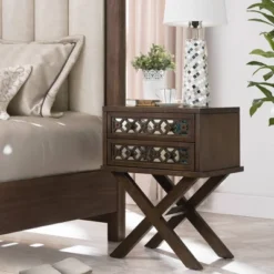 Mirrored Diamond Filigree X Base Nightstand/Table Walnut - Leick Home
