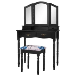 Costway Black Tri Folding Mirror Vanity Makeup Table Stool 4 Drawers -DreamNest Store GUEST 39562062 af63 430d 8a0b 6b31958a8f42