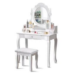 Costway White Vanity Wood Makeup Dressing Table Stool 3 Drawer -DreamNest Store GUEST 3988ca20 7007 4b83 b59c 11aeaabc9d12