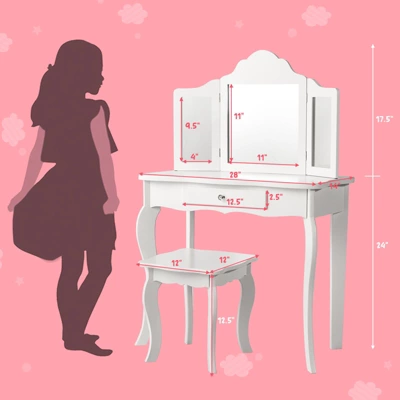 Costway Kid Vanity Table Set With Tri-folding Mirror 2-in-1 Makeup Dressing Table Stool Set 3 Costway Kid Vanity Table Set With Tri-folding Mirror 2-in-1 Makeup Dressing Table Stool Set - Image 3