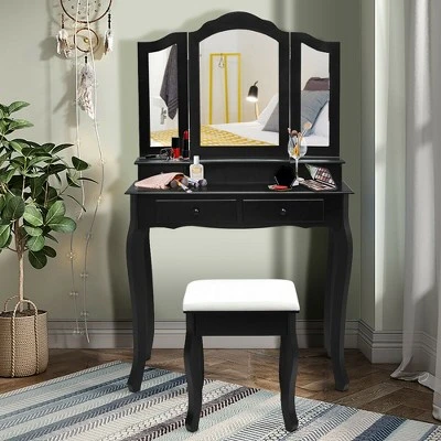 Costway Vanity Makeup Dressing Table Set W/Stool 4 Drawer&Mirror Jewelry Wood Desk Black 1 Costway Vanity Makeup Dressing Table Set W/Stool 4 Drawer&Mirror Jewelry Wood Desk Black