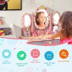 Costway Kids Vanity Princess Makeup Dressing Table Chair Set W/ Tri-fold Mirror Pink 13 Costway Kids Vanity Princess Makeup Dressing Table Chair Set W/ Tri-fold Mirror Pink -DreamNest Store GUEST 3e418062 a20c 4a4b 872e fbd6654df73b