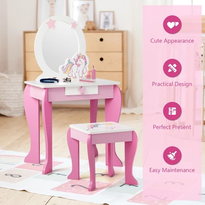 Costway Kids Vanity Makeup Dressing Table Chair Set Wooden W/ Mirror Drawer 6 Costway Kids Vanity Makeup Dressing Table Chair Set Wooden W/ Mirror Drawer - Image 6