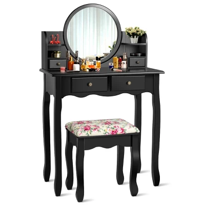Tangkula Vanity Table Set W/Detachable Mirror & Stool Black/White 1 Tangkula Vanity Table Set W/Detachable Mirror & Stool Black/White