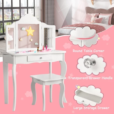 Costway Kid Vanity Table Set With Tri-folding Mirror 2-in-1 Makeup Dressing Table Stool Set 4 Costway Kid Vanity Table Set With Tri-folding Mirror 2-in-1 Makeup Dressing Table Stool Set - Image 4