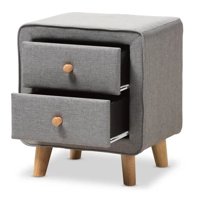 Jonesy Mid - Century Fabric Upholstered 2 - Drawer Nightstand - Gray - Baxton Studio 3 Jonesy Mid - Century Fabric Upholstered 2 - Drawer Nightstand - Gray - Baxton Studio - Image 3