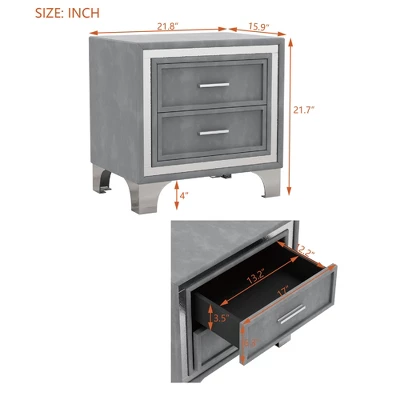 Mid Century Nightstand With 2 Drawers, Velvet Bedside Table With Metal Legs-ModernLuxe 2 Mid Century Nightstand With 2 Drawers, Velvet Bedside Table With Metal Legs-ModernLuxe - Image 2