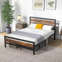 Costway Full/Queen Industrial Metal Platform Bed Frame Rustic Headboard Mattress Foundation -DreamNest Store GUEST 474a5fa1 736f 421b a42a 81e8e16659bf