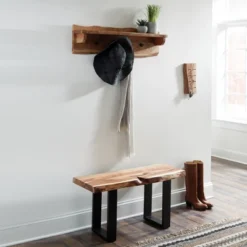 Alaterre Furniture Alpine Natural Brown Live Edge 36" Bench With Coat Hook Shelf Set Metal And Wood