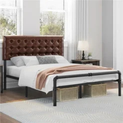 Yaheetech Metal Platform Bed Frame With Square Tufted Faux Leather Upholstered Headboard