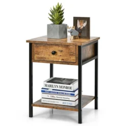 Costway Industrial End Side Table Nightstand With Drawer Shelf Rustic Brown -DreamNest Store GUEST 49704cb2 7c5b 4b89 94ac ec0badf67c8a