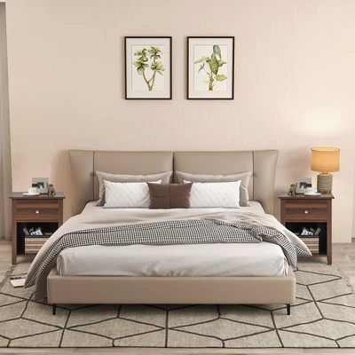 Costway 2 PCS Nightstand Side Table With Drawer Open Shelf For Living Room Bedroom Walnut/Brown 4 Costway 2 PCS Nightstand Side Table With Drawer Open Shelf For Living Room Bedroom Walnut/Brown - Image 4