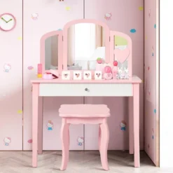 Costway Kids Vanity Set Princess Makeup Dressing Play Table Set W/Mirror White Pink -DreamNest Store GUEST 4bee96ac 5128 4faa 9101 e6e21920d27d