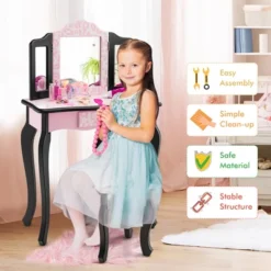 Costway Kid Vanity Set Wooden Makeup Table Stool Tri-Folding Mirror Leopard Print Pink 12 Costway Kid Vanity Set Wooden Makeup Table Stool Tri-Folding Mirror Leopard Print Pink -DreamNest Store GUEST 4c8f5901 d72c 4078 bb85 c302b2a260fc