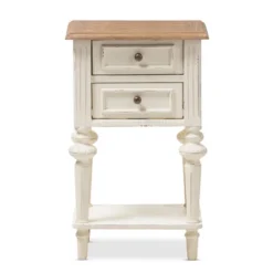 Marquetterie French Provincial Style Weathered Oak Wash Distressed Wood Finish Two - Tone 2 - Drawer And 1 - Shelf Nightstand - White - Baxton Studio