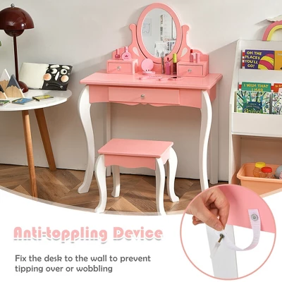 Costway Kids Vanity Princess Makeup Dressing Table Stool Set W/ Mirror Drawer 5 Costway Kids Vanity Princess Makeup Dressing Table Stool Set W/ Mirror Drawer - Image 5