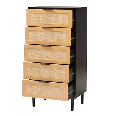 Maureen Wood And Rattan 5 Drawer Storage Chest Espresso/Natural Brown - Baxton Studio 2 Maureen Wood And Rattan 5 Drawer Storage Chest Espresso/Natural Brown - Baxton Studio - Image 2
