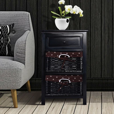 Costway Black Night Stand 3 Tiers 1 Drawer Bedside End Table Organizer Wood W/2 Baskets 2 Costway Black Night Stand 3 Tiers 1 Drawer Bedside End Table Organizer Wood W/2 Baskets - Image 2
