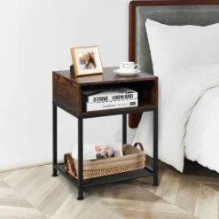 Costway Industrial Nightstand End Side Table W/ Compartment & Mesh Shelf Rustic Brown -DreamNest Store GUEST 516a9b7c 364c 468a 8e32 daa76b7f875d
