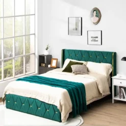 Costway Upholstered Platform Bed Frame Adjustable Headboard Footboard Modern Green
