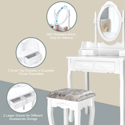 Costway Vanity Wood Makeup Dressing Table Stool Jewelry Desk 4 White 7 Costway Vanity Wood Makeup Dressing Table Stool Jewelry Desk 4 White - Image 7