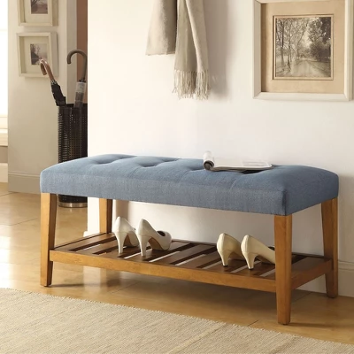 Simple Relax Fabric And Wood Bench In Blue And Oak Finish 1 Simple Relax Fabric And Wood Bench In Blue And Oak Finish
