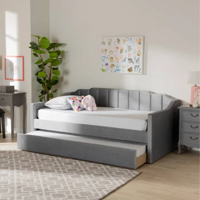 Lennon Velvet Fabric Upholstered Daybed With Trundle - Baxton Studio 7 Lennon Velvet Fabric Upholstered Daybed With Trundle - Baxton Studio - Image 7