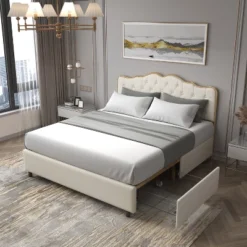 Classic Upholstered Platform Bed With Buckle Backrest, Metal Frame, Solid Wood Ribs And Four Storage Drawers -ModernLuxe