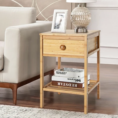 Costway Bamboo Nightstand Natural Side End Table W/Drawer For Living Room Bedroom 2 Costway Bamboo Nightstand Natural Side End Table W/Drawer For Living Room Bedroom - Image 2