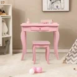 Costway Kids Vanity Table & Stool Princess Dressing Make Up Play Set For Girls Pink -DreamNest Store GUEST 5e190349 901f 4318 b1a5 2e506a55b561