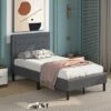 Costway Twin Size Upholstered Bed Frame Button Tufted Headboard Mattress Foundation Grey