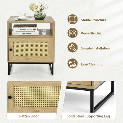 Costway 2PCS Nightstand W/ Cabinet Wooden Side End Table Rattan Decorated Door Oak 5 Costway 2PCS Nightstand W/ Cabinet Wooden Side End Table Rattan Decorated Door Oak - Image 5