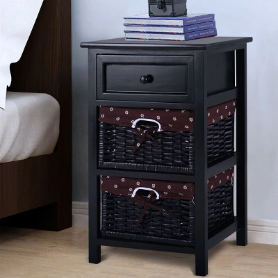 Costway Black Night Stand 3 Tiers 1 Drawer Bedside End Table Organizer Wood W/2 Baskets 5 Costway Black Night Stand 3 Tiers 1 Drawer Bedside End Table Organizer Wood W/2 Baskets - Image 5