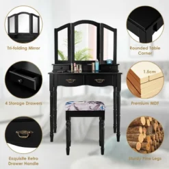 Costway Black Tri Folding Mirror Vanity Makeup Table Stool 4 Drawers -DreamNest Store GUEST 63e8e497 7156 4d7f a37a b000cdd675ca
