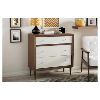 Harlow Mid-Century Modern Scandinavian Style Wood 3 Drawer Chest White/Walnut - Baxton Studio 3 Harlow Mid-Century Modern Scandinavian Style Wood 3 Drawer Chest White/Walnut - Baxton Studio - Image 3