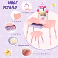 Costway Kids Vanity Set Princess Makeup Pretend Play Dressing Mirror Castle Girls Pink -DreamNest Store GUEST 6522da17 07c6 4c3c 877d 51bf774801d1