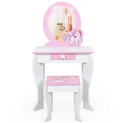 Tangkula 2-in-1 Kids Vanity Set Makeup Table & Chair Set For Toddlers W/Detachable Mirror Pink/White -DreamNest Store GUEST 65e789f0 b0f8 4e4d acff 68558106e1b5