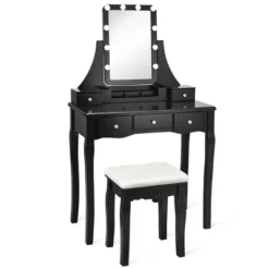 Tangkula LED Vanity Table Makeup Dresser Desk W/Drawers &Cushioned Stool Black/Brown/White -DreamNest Store GUEST 67ae6227 4794 4e0c 86d2 f7a095a354e2