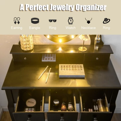 Costway Vanity Set Makeup Dressing Table W/5 Drawers 12 LED Bulb Black 5 Costway Vanity Set Makeup Dressing Table W/5 Drawers 12 LED Bulb Black - Image 5