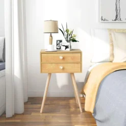 Costway Mid Century Modern 2 Drawers Nightstand In Natural Sofa Side Table End Table -DreamNest Store GUEST 6ad533ce 1324 47fc 9da7 676dcd99318b